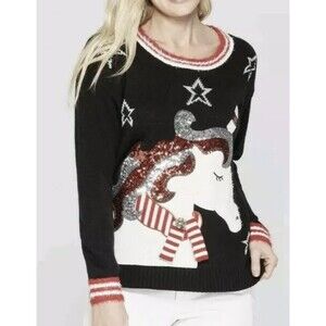 33 Degrees Unicorn Ugly Christmas Holiday Sweater Sequin Sparkle Red Black Med